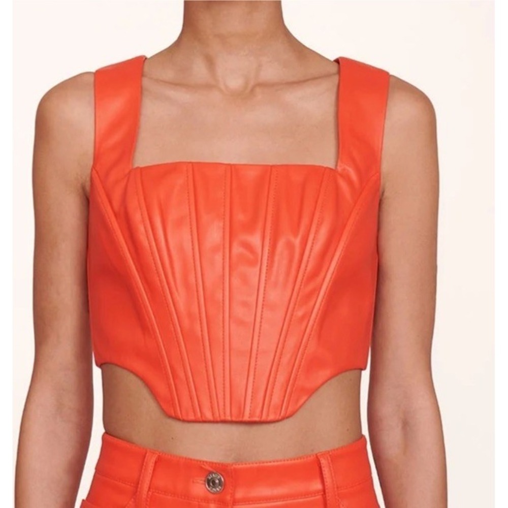 STAUD Alice Cherry Red Faux Leather Bustier Corset Style Crop Top Women's 0